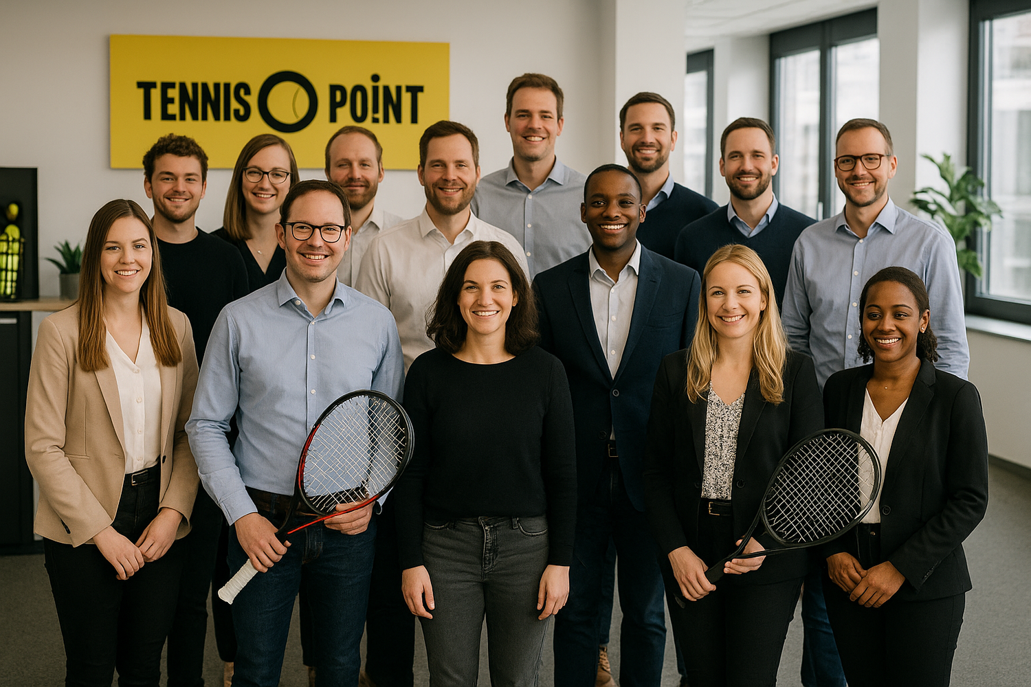 Ich benötige ein Bild, dass die Mitarbeiter und Chefs von Tennis Point in einer typischen Arbeitsumgebung zeigt. Sie stehen alle zusammen, gucken freundlich in die Kamera. Der ein oder andere hat einen Tennisschläger in der Hand 